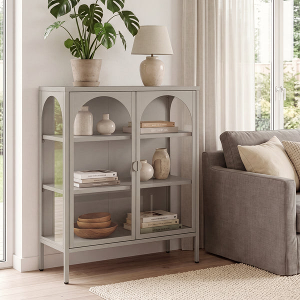 Vitrina Klippestad con 2 puertas arqueadas acero 95x80x35cm Gris cálido [en.casa]