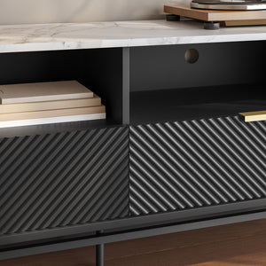 Mueble bajo para TV Olvehok 140x40x55 cm Negro/efecto mármol, blanco [en.casa]