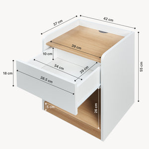 Mesita de noche Kuorshare 55x42x37 cm Blanco/Aspecto roble [en.casa]