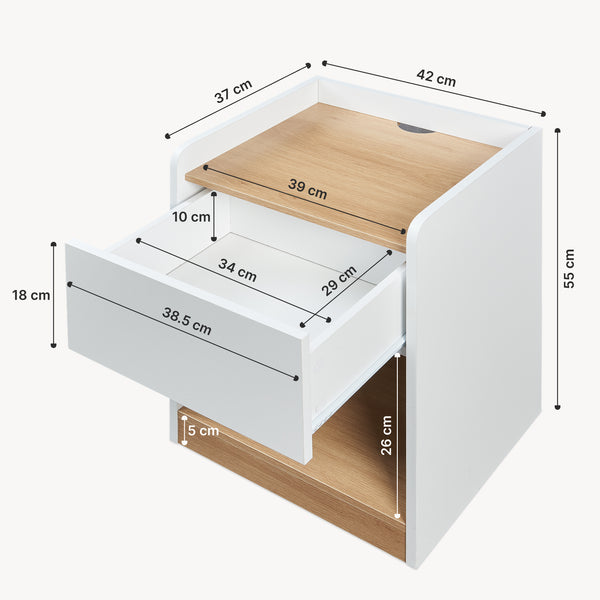 Mesita de noche Kuorshare 55x42x37 cm Blanco/Aspecto roble [en.casa]