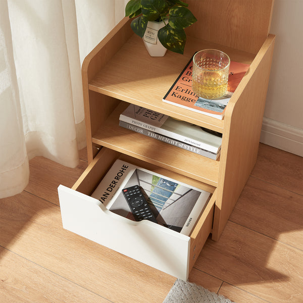 Mesita de noche Bordkak con estante 75x35x30 cm efecto roble/blanco [en.casa]