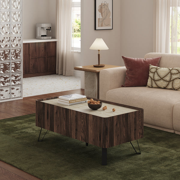 Mesa de centro Trorlon 100x50x40 cm aspecto nogal/travertino [en.casa]