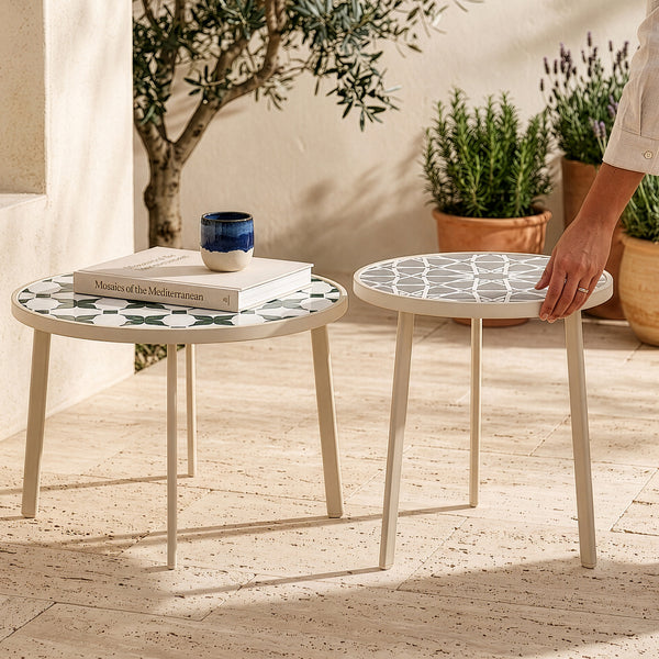 Mesa de exterior Faeto 2 piezas. Tapa de vidrio Champagne [casa.pro]