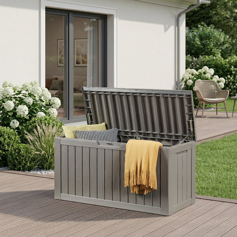 Arcón exterior Vades con tapa 117x47x59cm - efecto madera [casa.pro] 