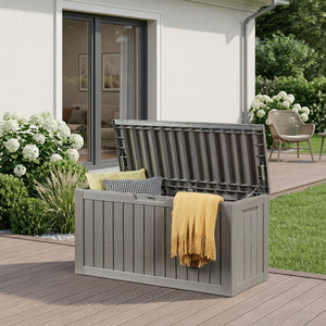 Arcón exterior Vades con tapa 117x47x59cm - efecto madera [casa.pro] 