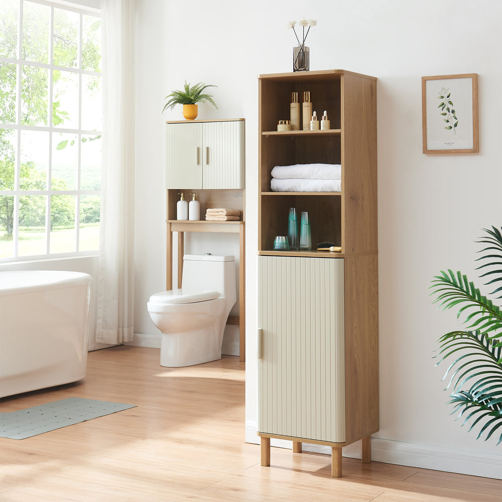 Armario alto Ferrersp 160x42x35 cm aspecto roble/color arena [en.casa]