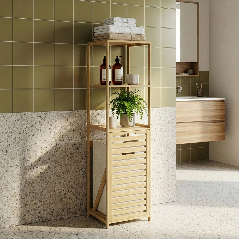 Estantería de baño con cesto Anun bambú 130x36x33cm - Natural/Beige [en.casa]