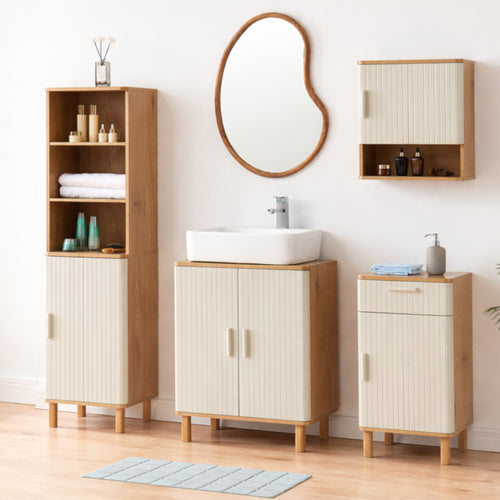 Conjunto de muebles de baño Ferrersp en aspecto roble/color arena [en.casa]