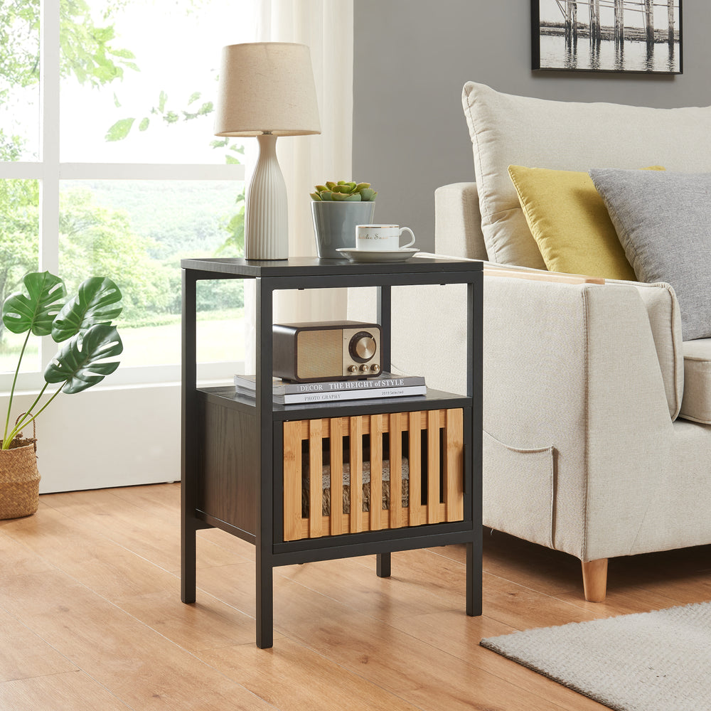 Mesita de noche Luniehti 58x40x33 cm negro/natural [en.casa] - premiumXL