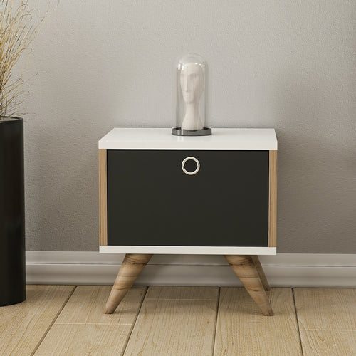 Mesita de noche Hinnerup con puerta abatible 41x40x35 cm Blanco / aspecto roble / Negro [en.casa]