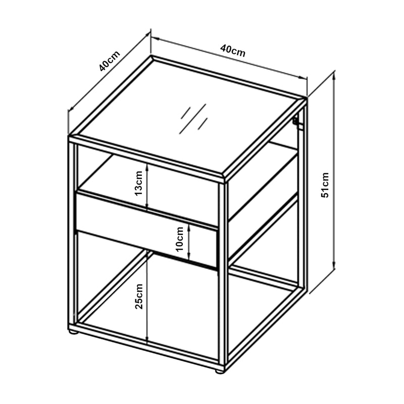 Esquema acotado Mesa auxiliar Vissenbjerg con cajón en varios colores [en.casa]