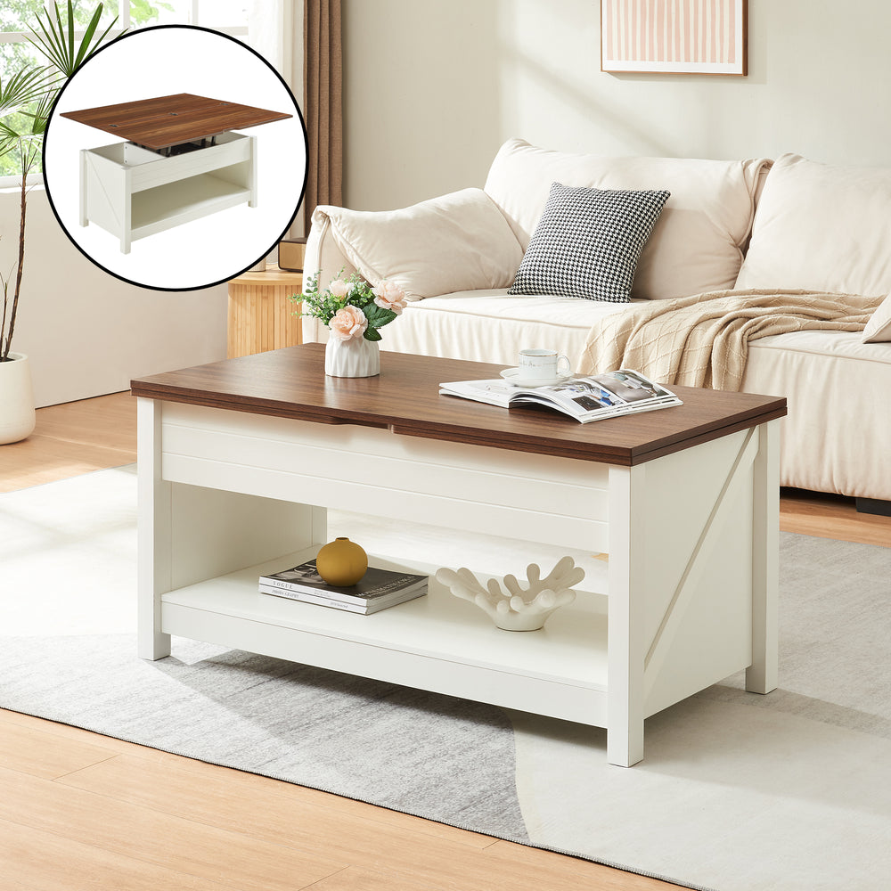 Mesa de centro Kasama con tablero elevable y espacio de almacenamiento 110x55x54 cm aspecto nogal/blanco [en.casa] - premiumXL