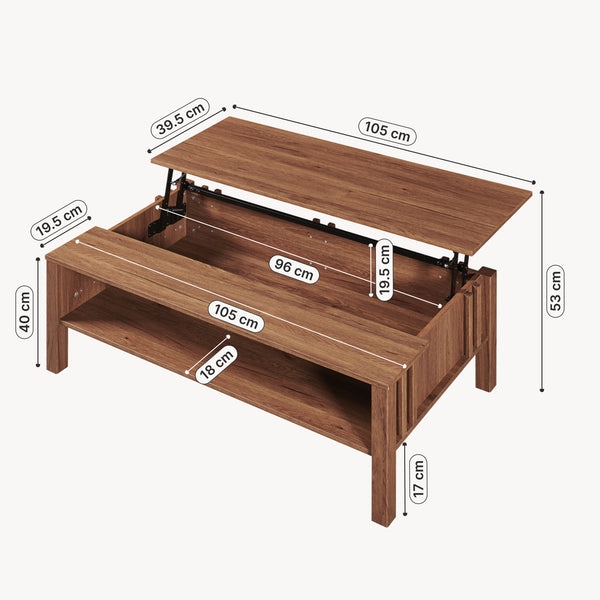 Mesa de centro Kilmandar con tablero elevable - 105x59x40cm Nogal [en.casa]