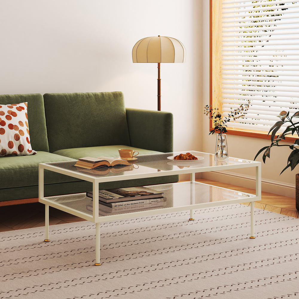 Mesa de centro Lindau acero con tablero de cristal 100x50x46 cm blanco crema [en.casa] - premiumXL