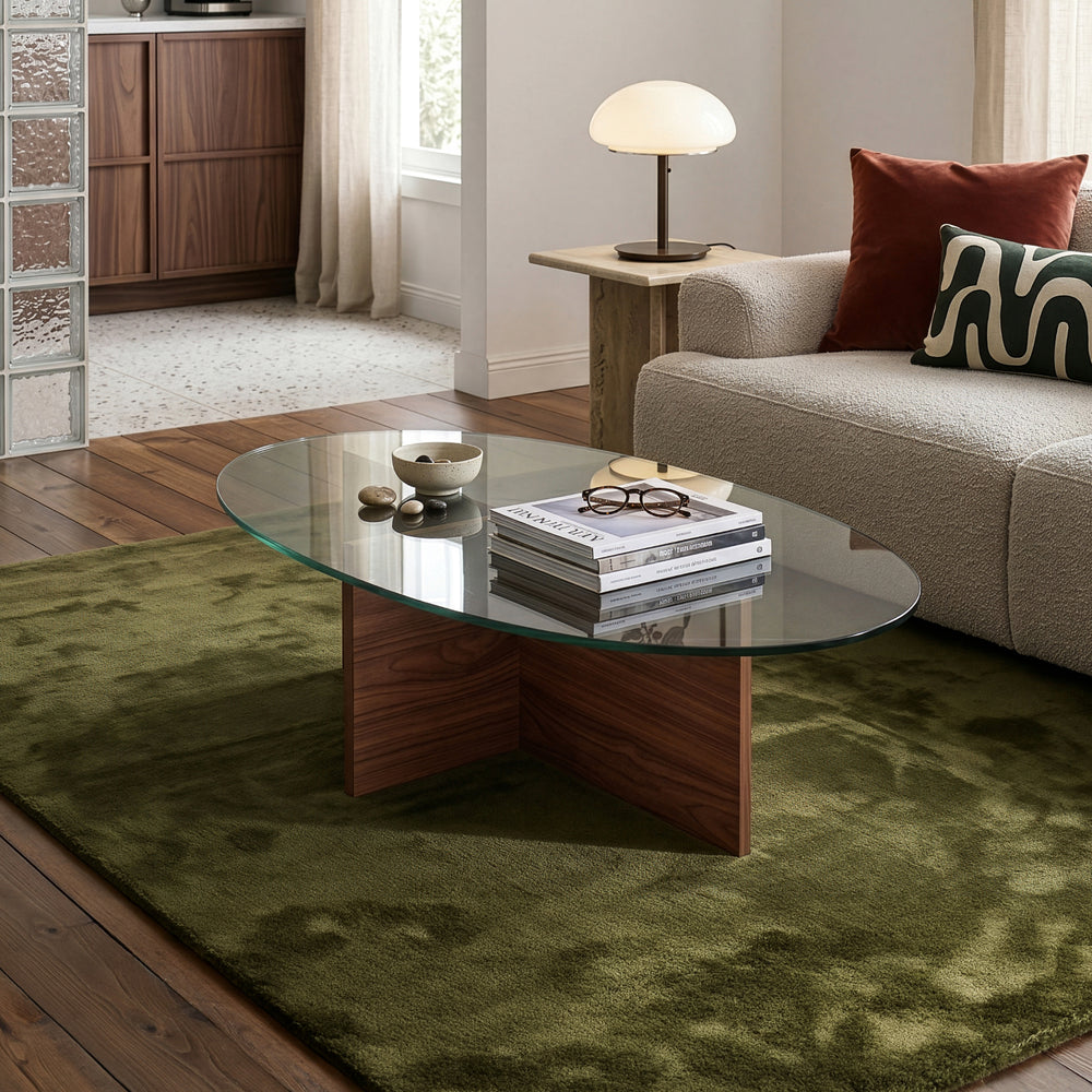 Mesa de Centro Viroya ovalada cristal templado 100x60x36 cm - Nogal/Gris [en.casa]