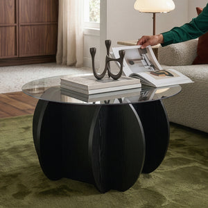 Mesa de centro Karhuvandi con tablero de vidrio Ø70x40 cm Negro/Gris [en.casa]