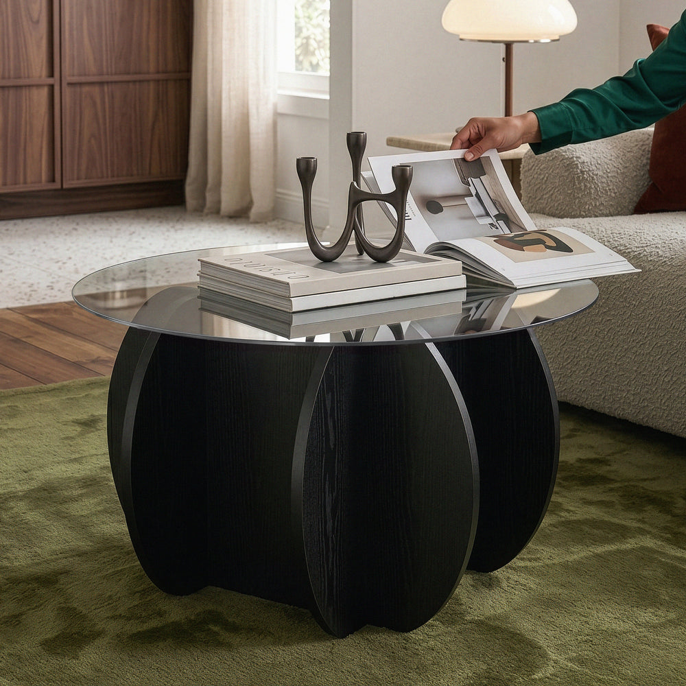 Mesa de centro Karhuvandi con tablero de vidrio Ø70x40 cm Negro/Gris [en.casa]