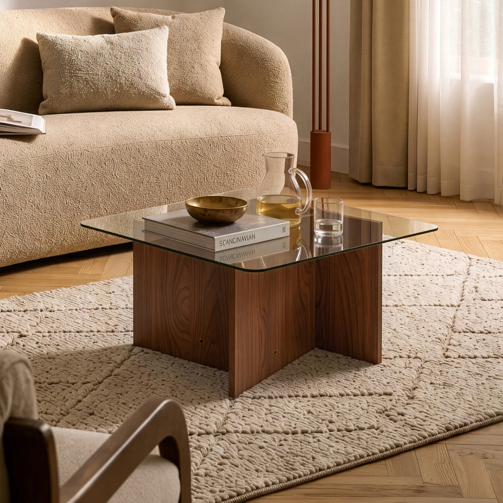 Mesa de Centro Benexjö cuadrada cristal templado 70x70x36 cm - Nogal/Gris [en.casa]