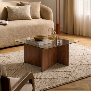 Mesa de centro Benexjö con tablero de vidrio 70x70x36 cm aspecto nogal/Gris [en.casa]