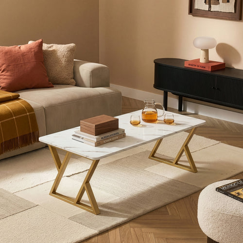Mesa de centro Nolu 120x60x46 cm color dorado/efecto mármol, blanco [en.casa]
