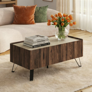 Mesa de centro Trorlon con 2 cajones 100x50x40 cm Nogal/Travertino [en.casa]