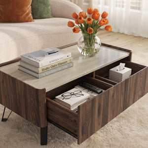 Mesa de centro Trorlon con 2 cajones 100x50x40 cm Nogal/Travertino [en.casa]