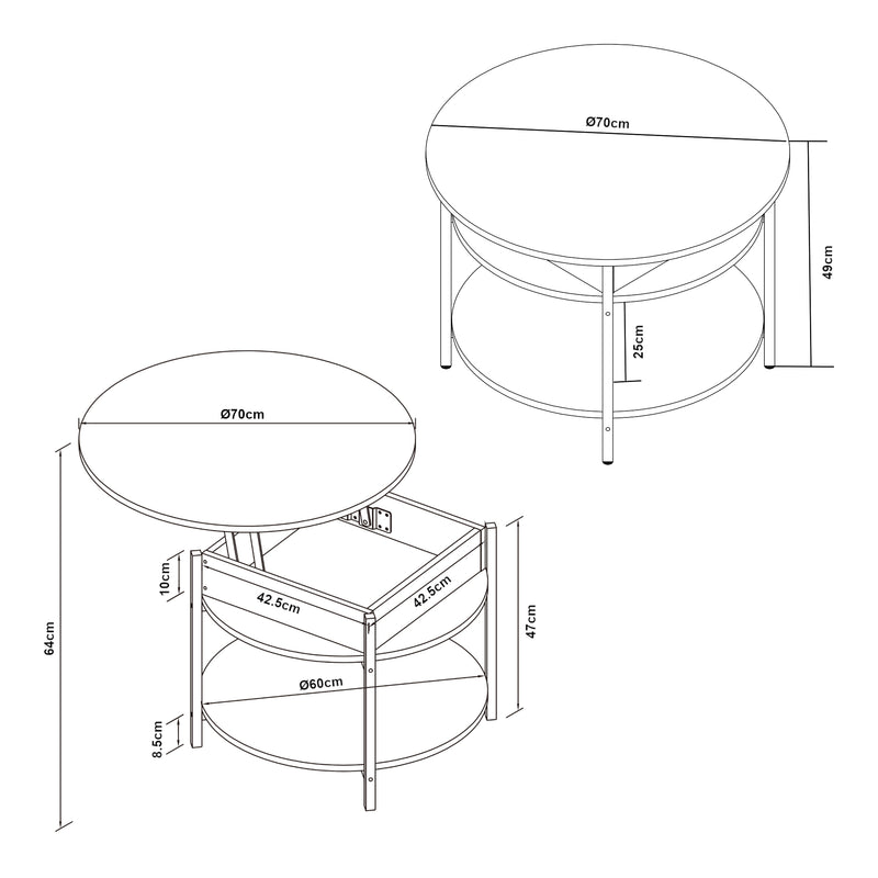 Esquema acotado Mesa de centro Kandas con tablero elevable [en.casa]