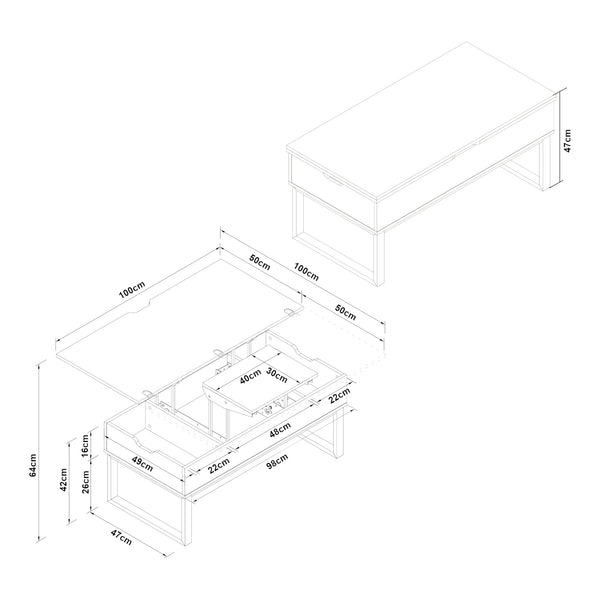 Mesa de centro Rauli con tablero elevable y espacio de almacenamiento 100x50x47 cm [en.casa]