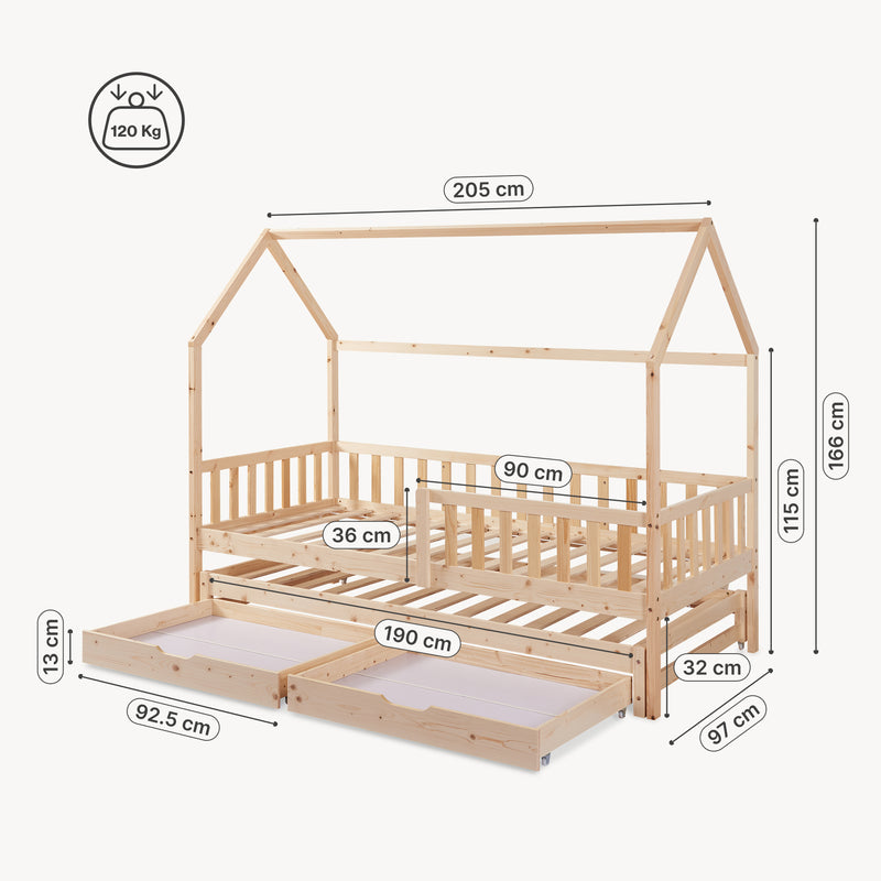 Esquema acotado Cama con cama supletoria Aarghonmaa 2 cajones y colchón 90x200cm - [en.casa]