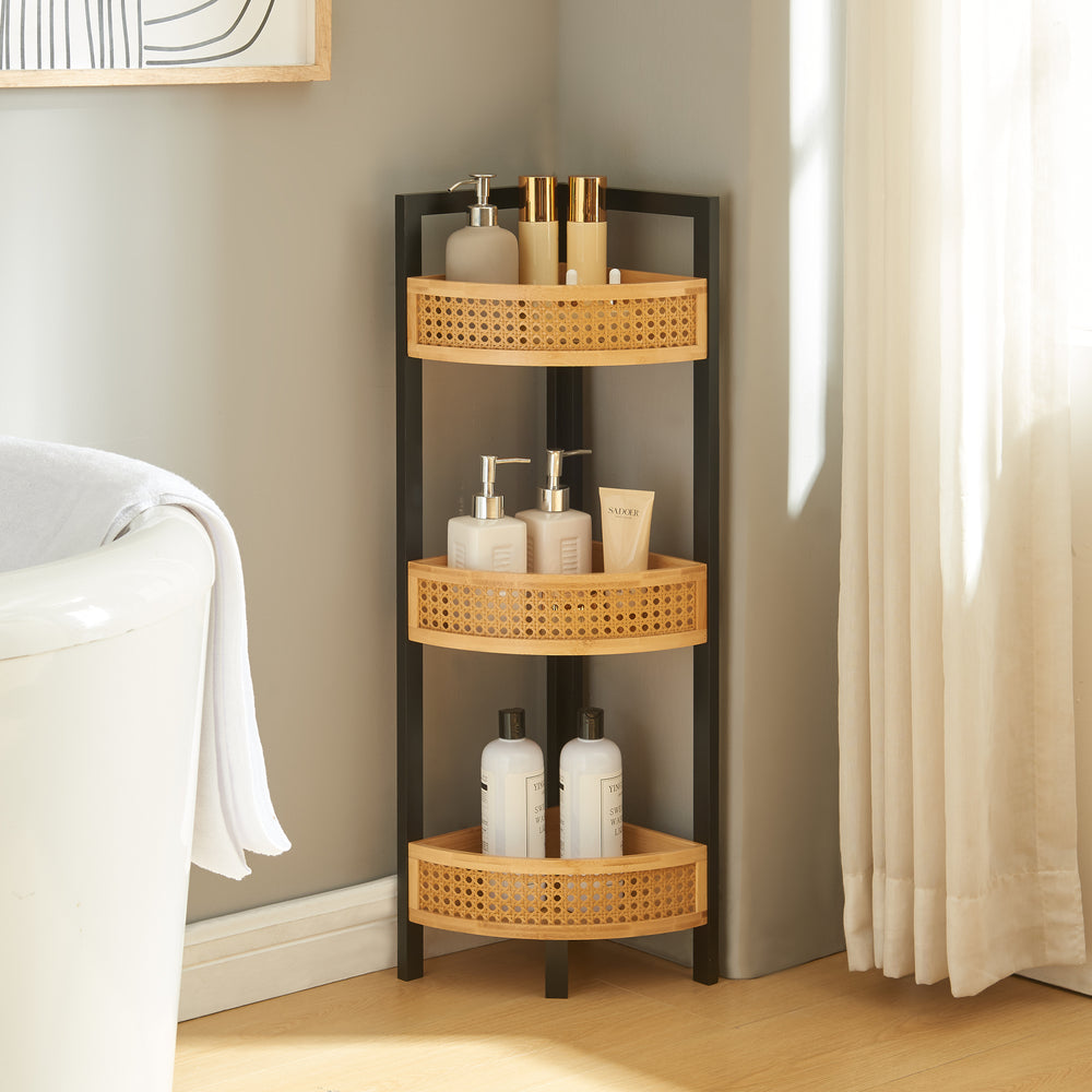 Estantería de esquina Tervola 80x23x23 cm negro/bambú [en.casa] - premiumXL