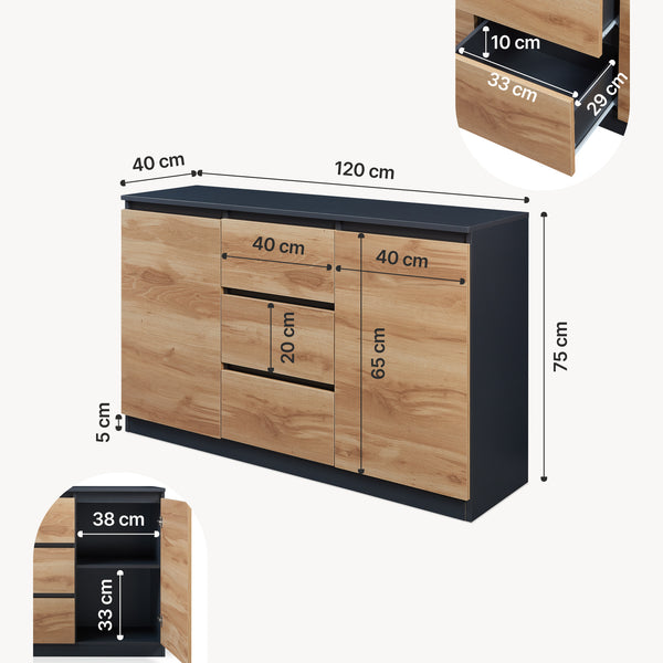 Aparador Kyr negro/robusto aspecto roble [en.casa]