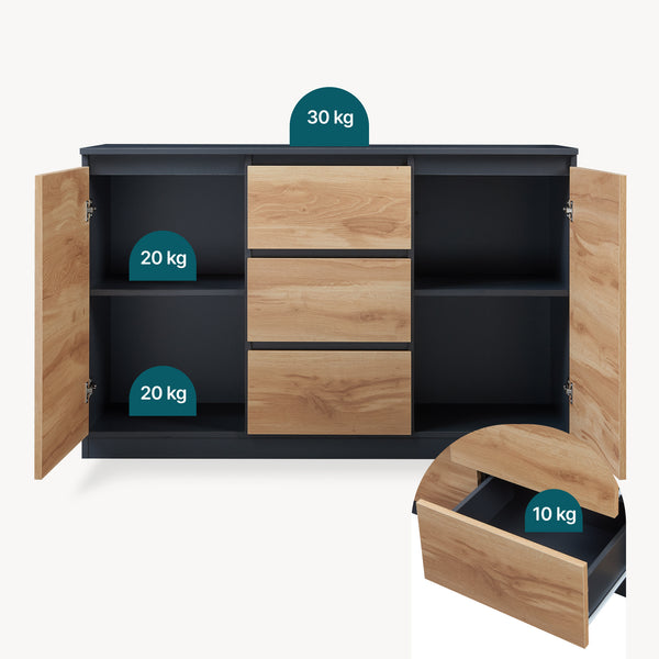 Aparador Kyr negro/robusto aspecto roble [en.casa]