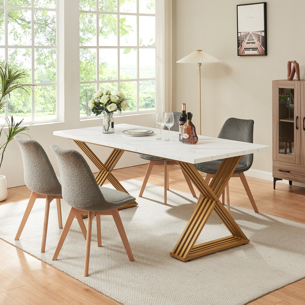 Mesa de comedor Hujaari para 6 personas efecto mármol, blanco / dorado [en.casa]