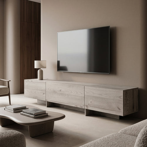 Mueble de televisión Kapipimso con 3 puertas abatibles 194x31x37 cm efecto roble, gris [en.casa]