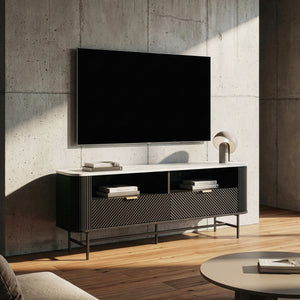 Mueble bajo para TV Olvehok 140x40x55 cm Negro/efecto mármol, blanco [en.casa]