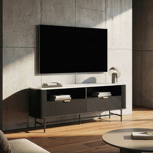Mueble bajo para TV Olvehok 140x40x55 cm Negro/efecto mármol, blanco [en.casa]