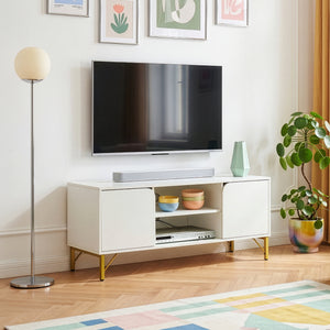 Mueble de televisión Reyri 120x39x52 cm Blanco/Dorado [en.casa]