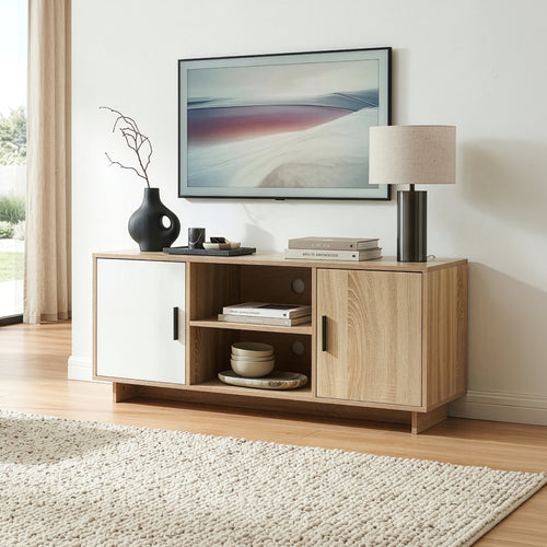 Mueble de TV Kenta con compartimentos 120x39x52 cm - Roble sonoma / Blanco [en.casa]