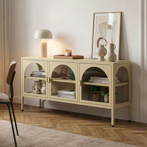 Aparador vitrina Klippestad acero 118x35x55 cm color camello [en.casa]