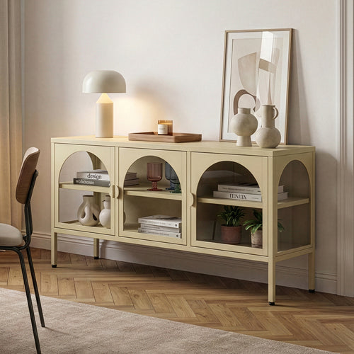 Aparador vitrina Klippestad acero 118x35x55 cm color camello [en.casa]