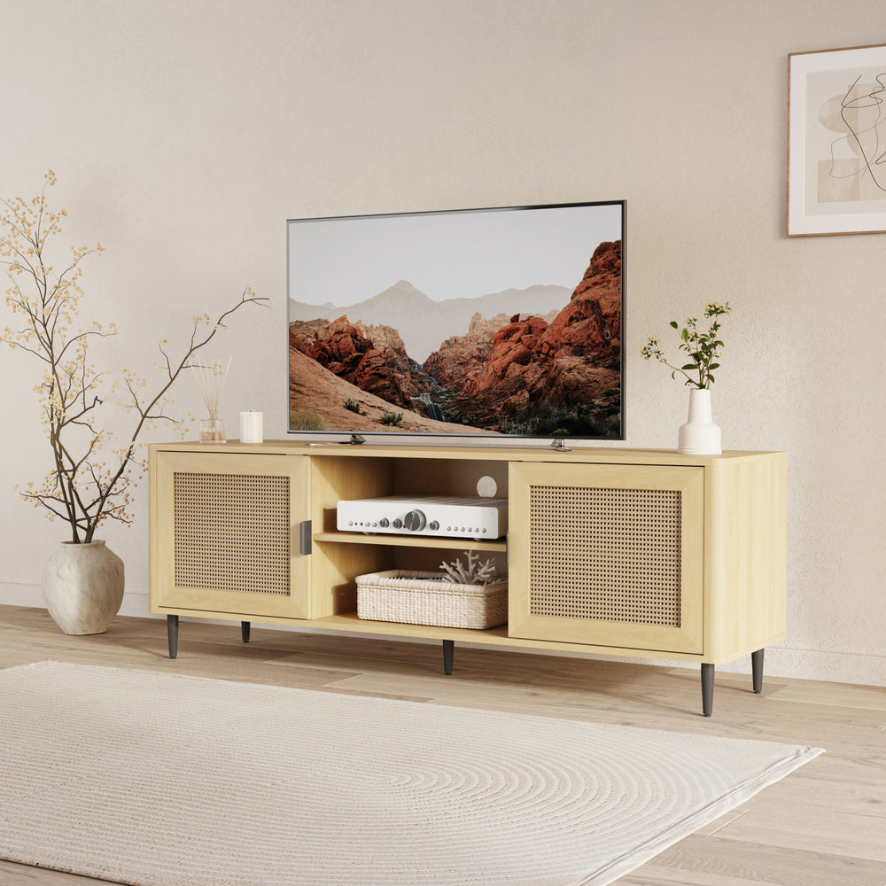 Mueble de televisión Lukhomso 152x40x54 cm aspecto roble/aspecto ratán [en.casa]