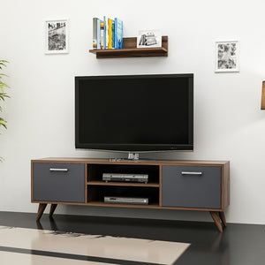 Mesa de televisión con estantería de pared Haderslev en aspecto nogal / antracita [en.casa]