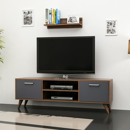 Mesa de televisión con estantería de pared Haderslev en aspecto nogal / antracita [en.casa]