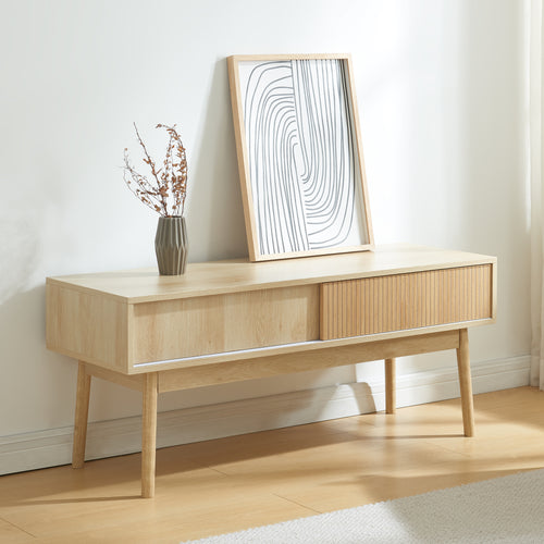 Mesa de televisión Landskrona 115x40x48 cm con dos puertas correderas efecto roble [en.casa] - premiumXL