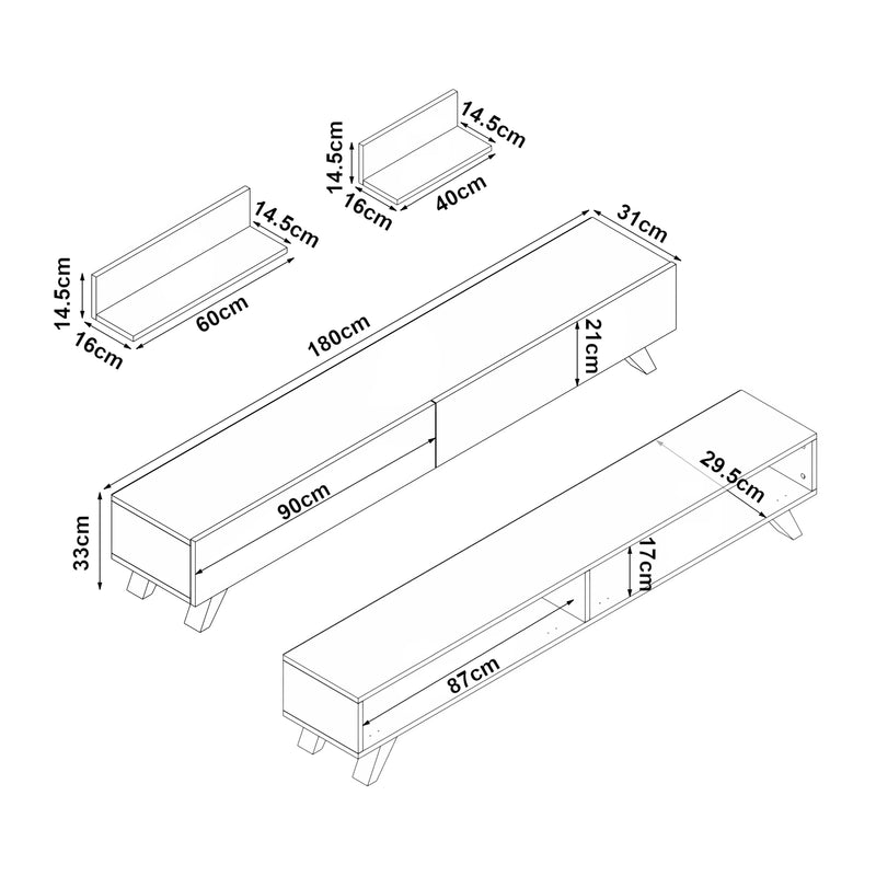 Esquema acotado Conjunto de mesa para televisión Saarijärvi con 2 estantes en varios colores [en.casa]