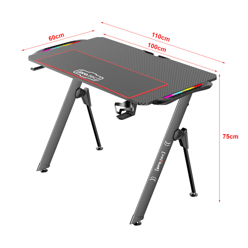 Esquema acotado Mesa de juego Stockton con iluminación LED RGB negra en varios tamaños [pro.tec]