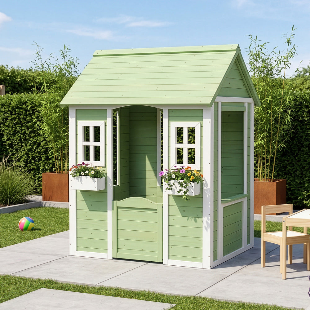 Casita infantil Kuoldsvin madera de abeto 144x107x90cm - Verde/Blanco [en.casa]