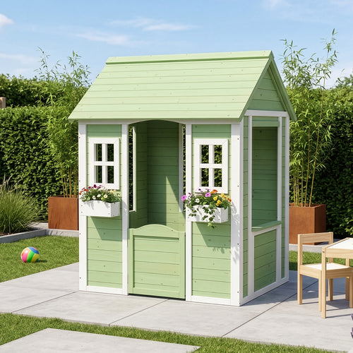 Casita de juegos para niños Kuoldsvin Madera de abeto 144x102x90 cm Verde/Blanco [en.casa]