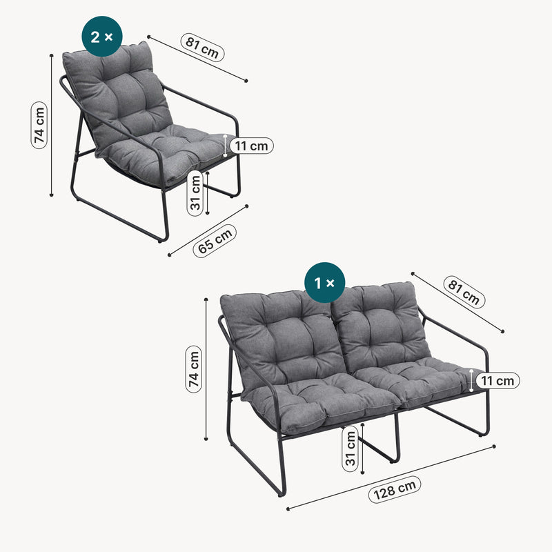 Esquema acotado Juego de muebles de jardín Kivanta 5 piezas - /Gris [en.casa]