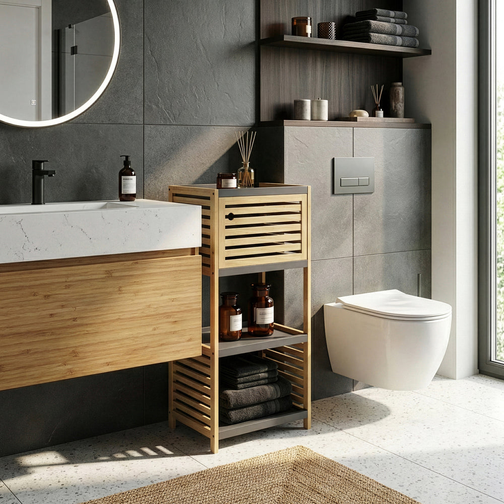 Estantería de baño Kydesby de  niveles bambú  Natural/Gris [en.casa]